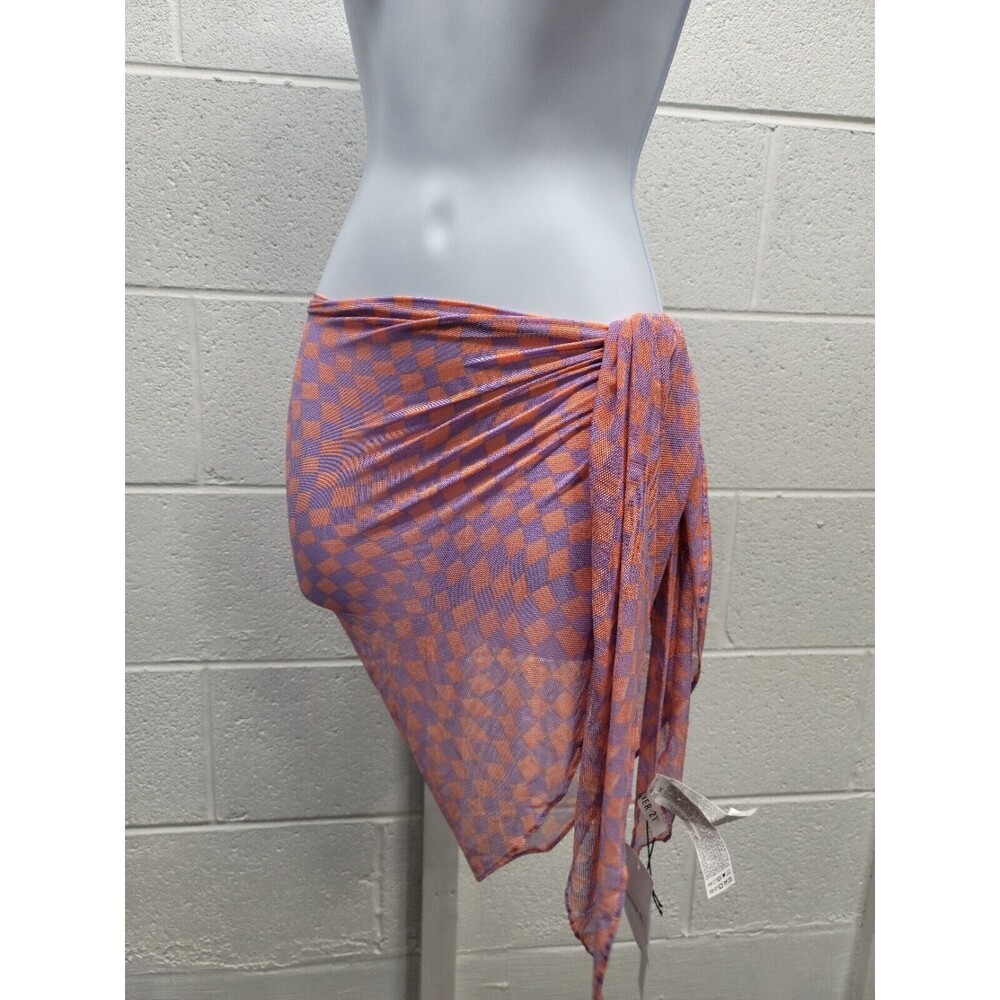 Wavy Checkered Y2K Swim Coverup Sarong Wrap Skirt - Salmon / Lavender Forever 21